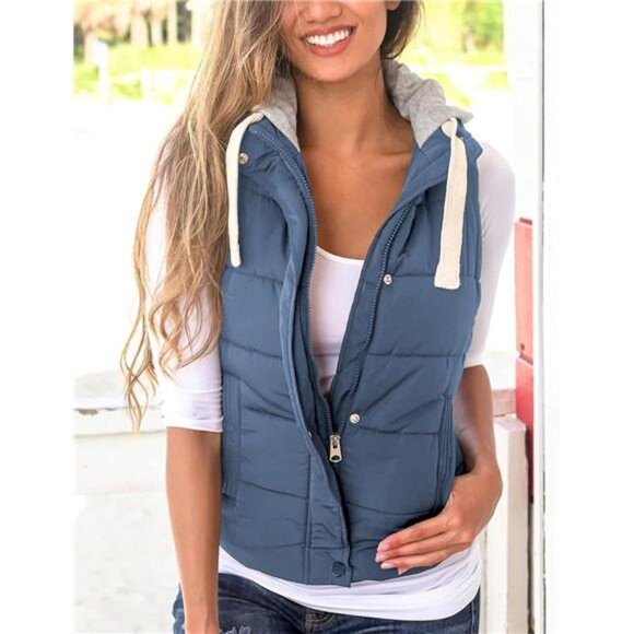 Yeokou Women's Slim Sleeveless Quilted Removable Hooded Winter Puffer Vest Coat - Picture 2 of 7